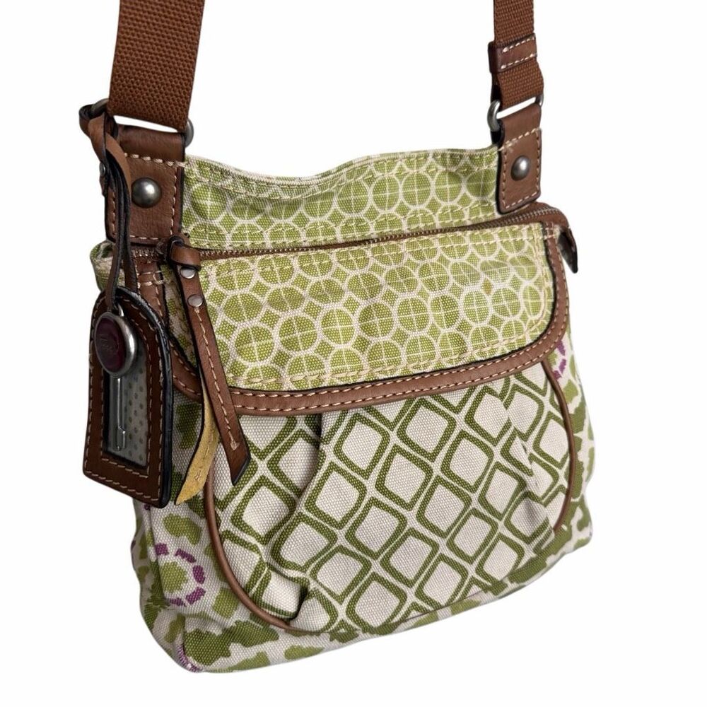 Fossil Y2K Canvas Key-Per Crossbody Bag Green Geometric Adjustable Shoulder EUC